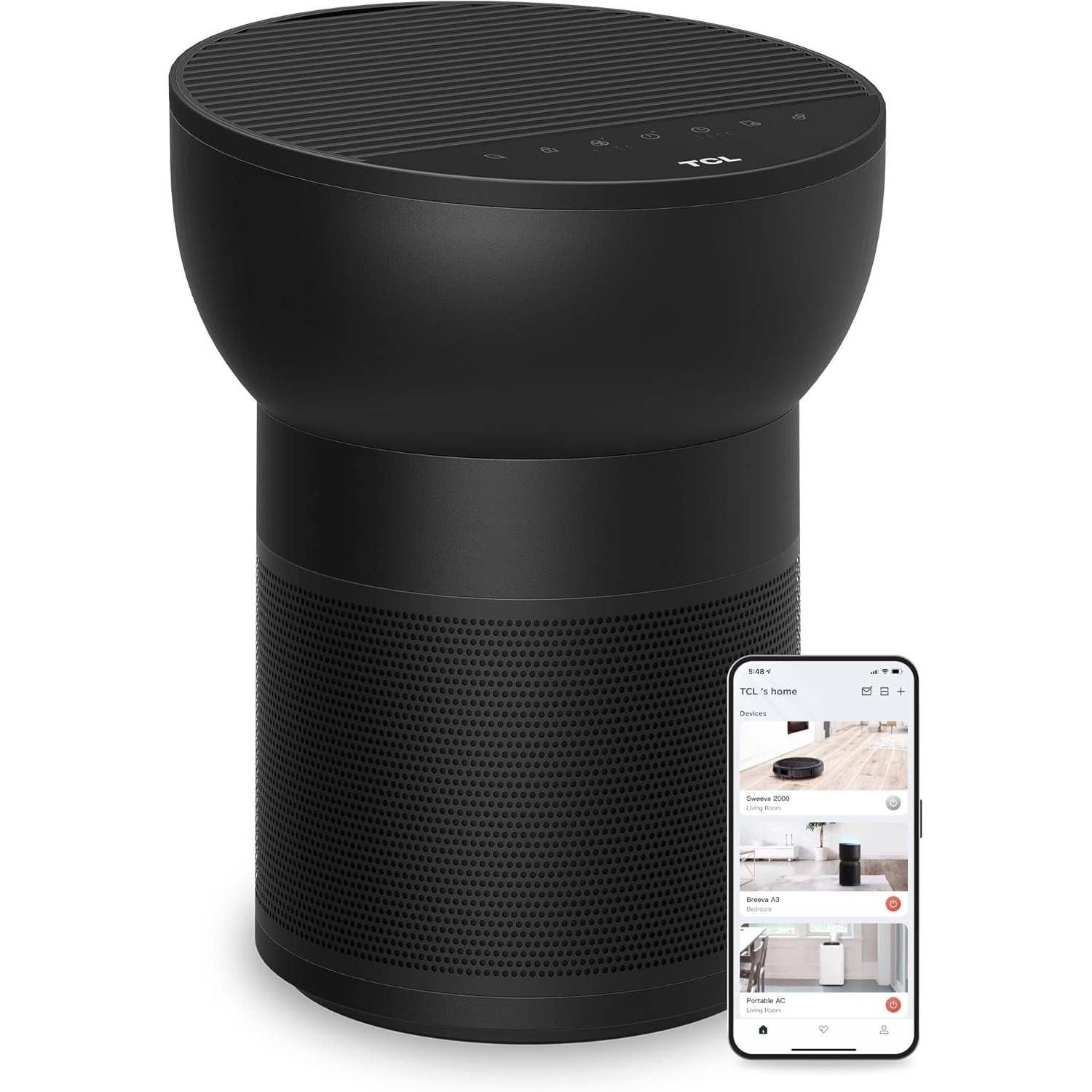 TCL Breeva A2 Wi-Fi Smart Air Purifier and Humidifier, Up to 882 Sq Ft, 4-Stage True HEPA (H13), Removes 99.97% of Dust/Bacteria/Odors & More, App & Voice Control, Auto Shield, Quiet, Black