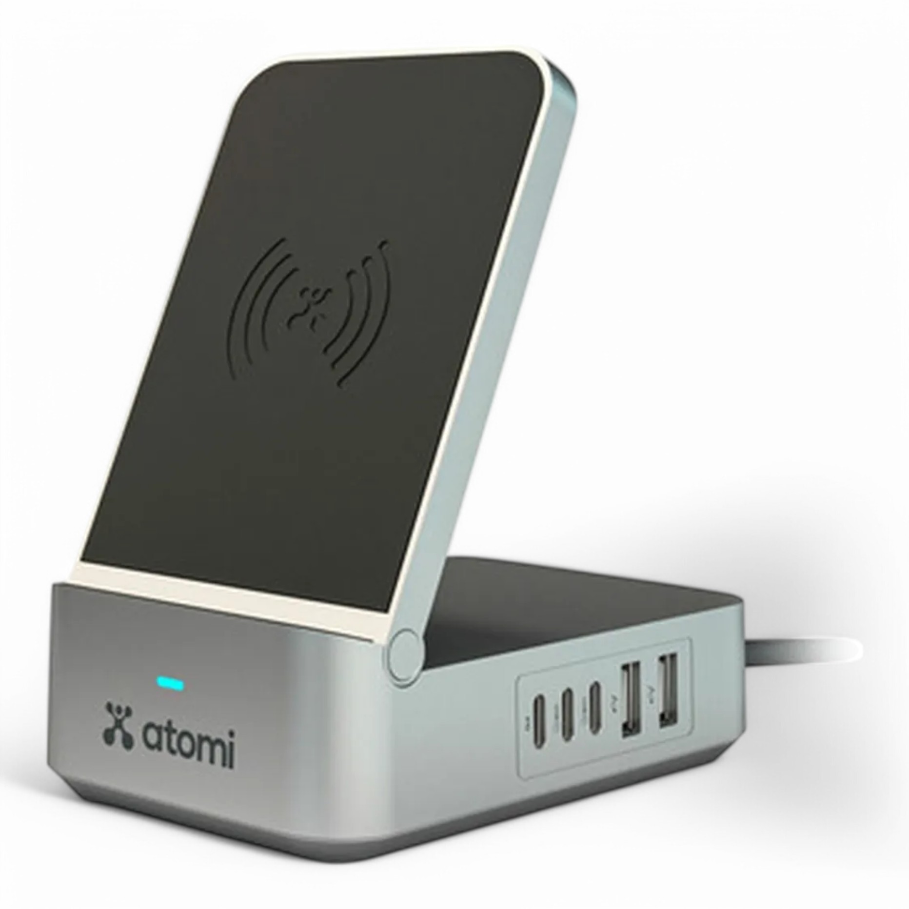 Atomi 55W Multi port charging station Qi - 20W PD port, dual USB-C ports, and dual smart USB-A ports, Supported for charging your Smartphones, Earphones, or Smart watches simultaneously -  AT1705-55W