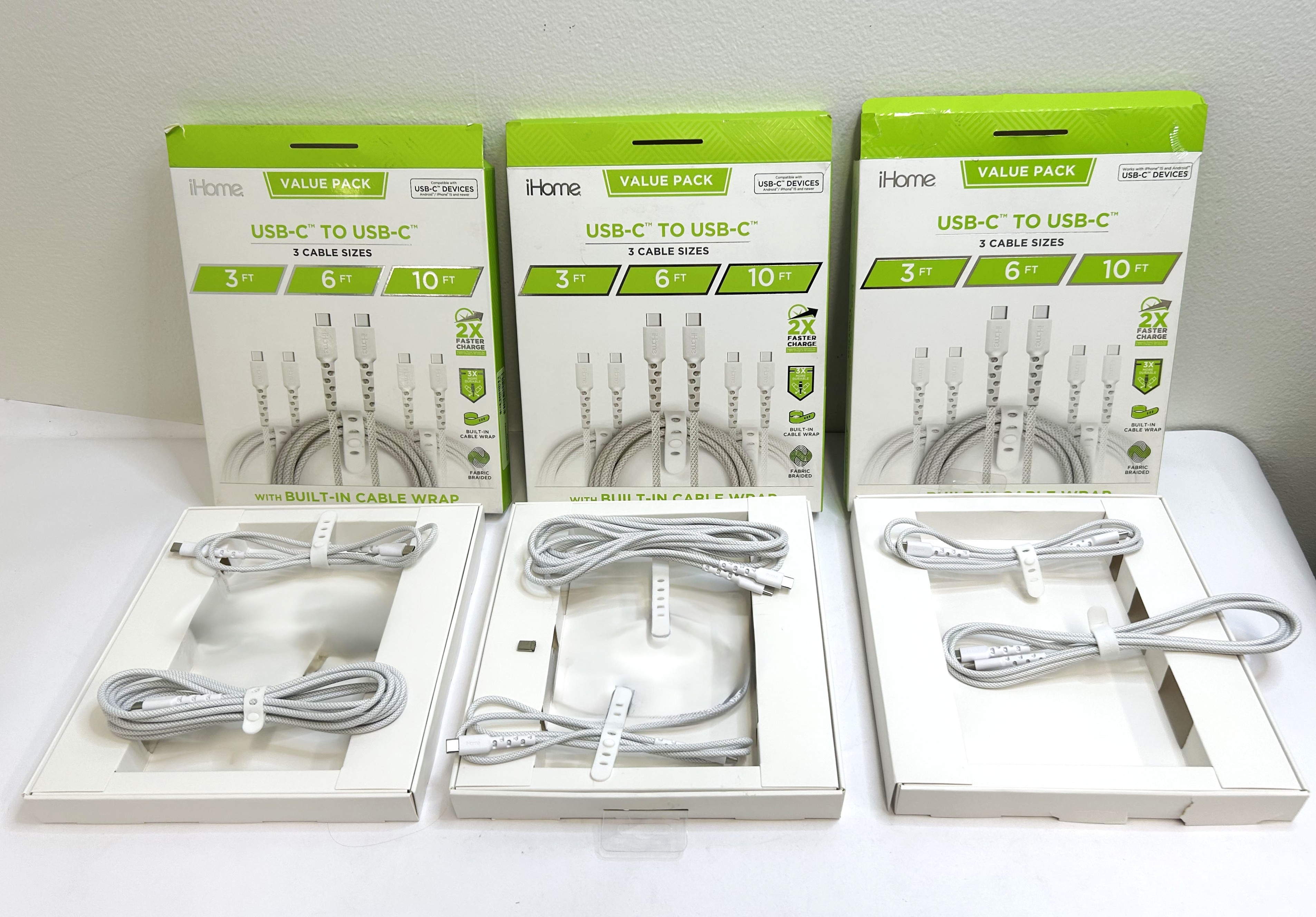 Bundle of 3 iHome 3pk USB-C to USB-C Charging Cable
