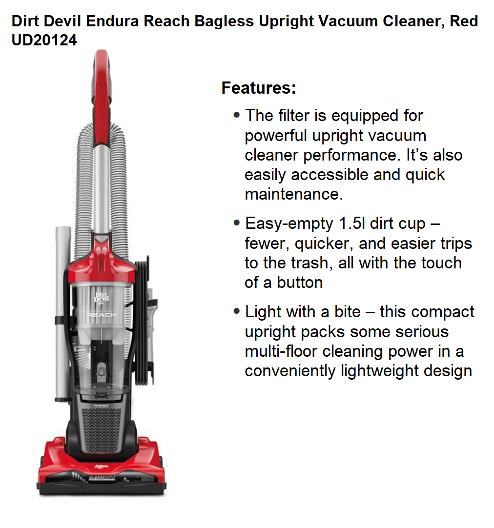 Dirt Devil Endura Reach Bagless Upright Vacuum Cleaner