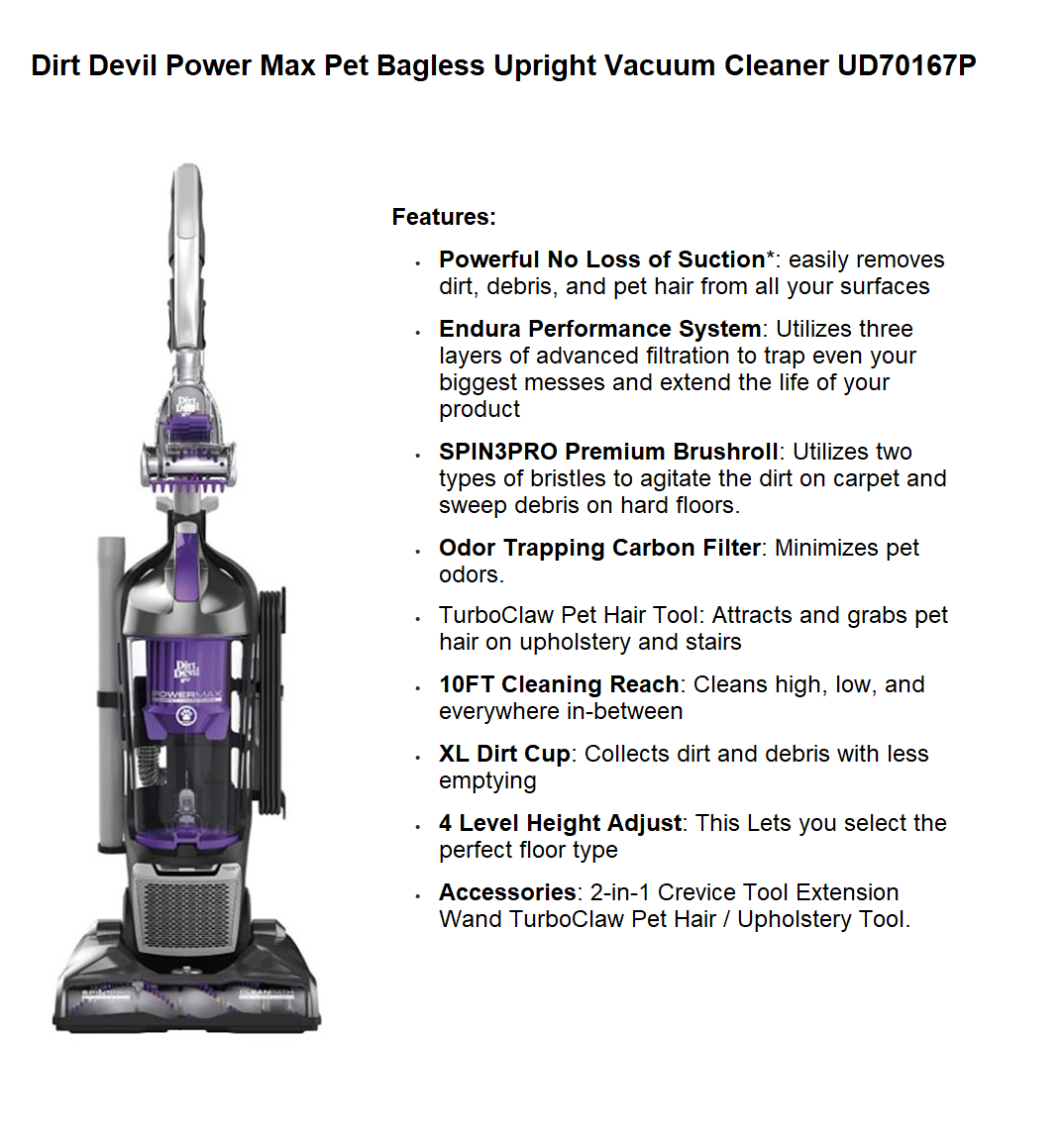 Dirt Devil Power Max Pet Bagless Upright Vacuum Cleaner, UD70167P