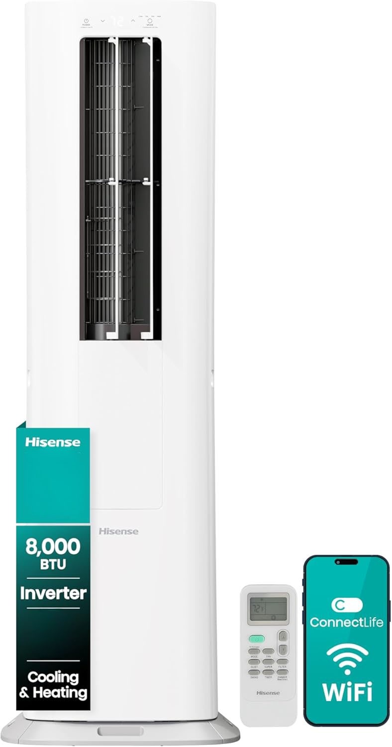 Hisense 8,000 BTU SACC Inverter Portable AC Smart with Heat Pump- Dual Hose Tower API0825UW1D