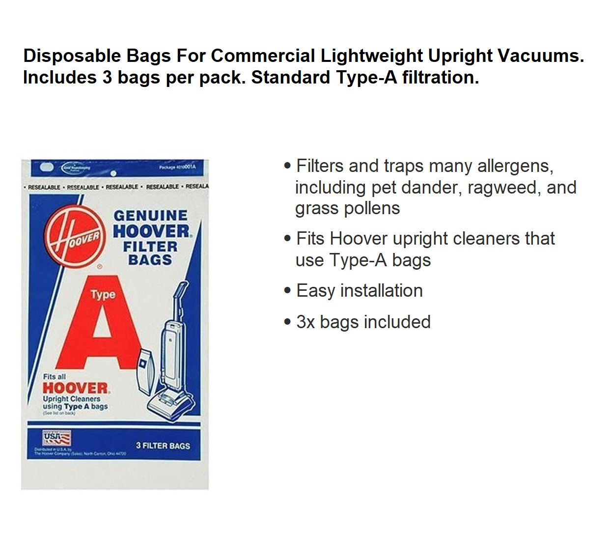 Hoover Type A Vacuum Bags 3 pack