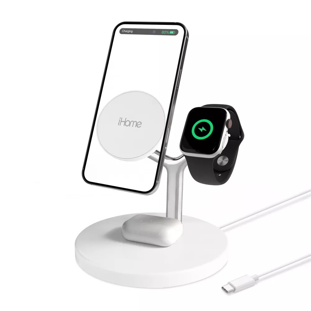 iHome 4-in-1 15W Magnetic Wireless Charging Stand - White - Fast charging for all of your Apple devices - 2IHQI1009WHTCB