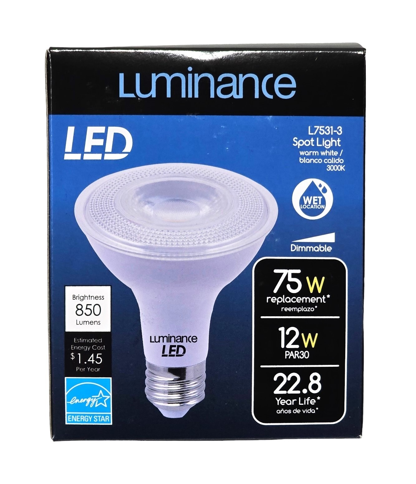 Luminance 91824 LED Spot Light E26 PAR30 12W-3000K 850 LUMEN L7531-3 PAR30LN Long Neck LED Light Bulb