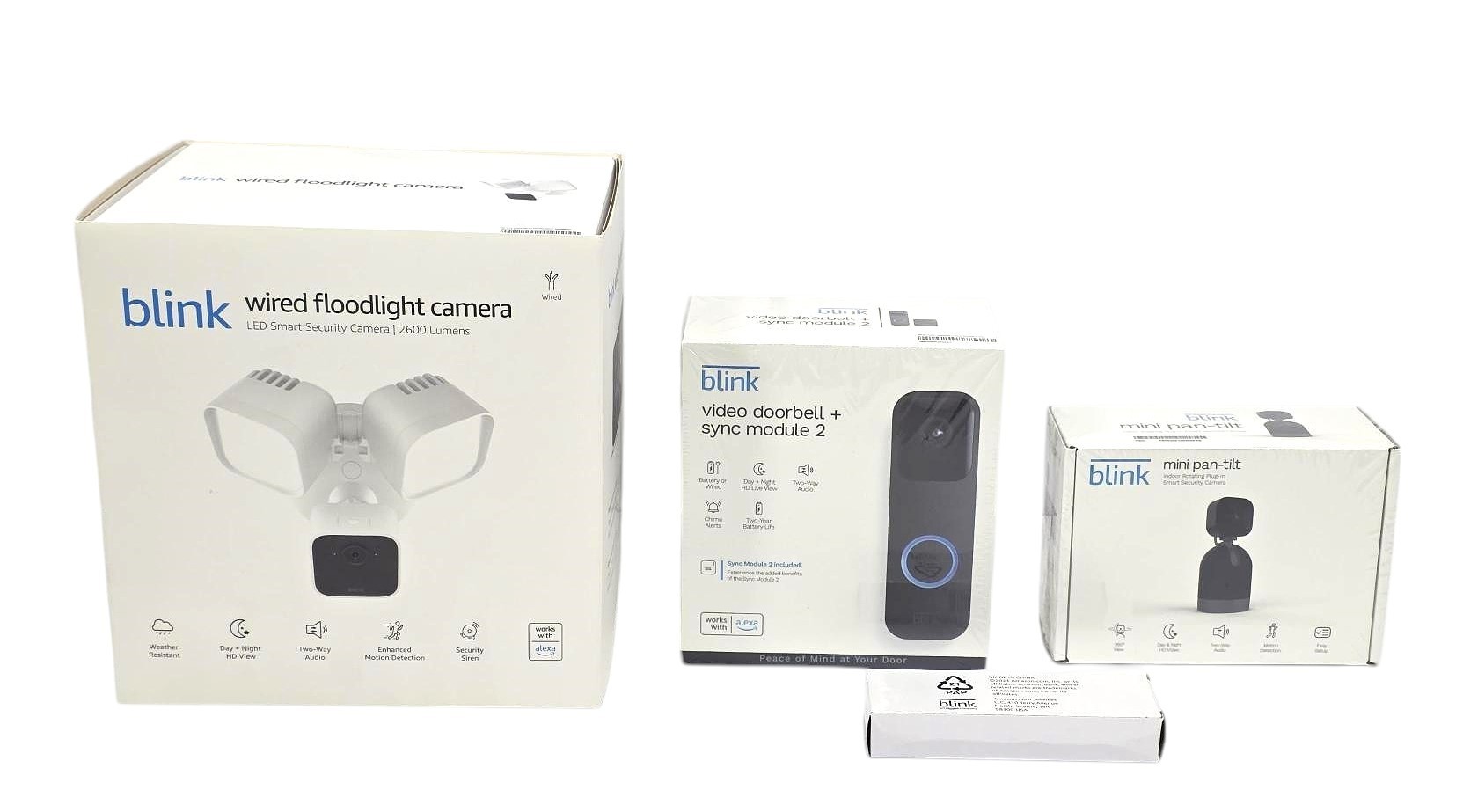 Blink Wired Floodlight Camera with Pan-Tilt Indoor Camera and Video Doorbell 2