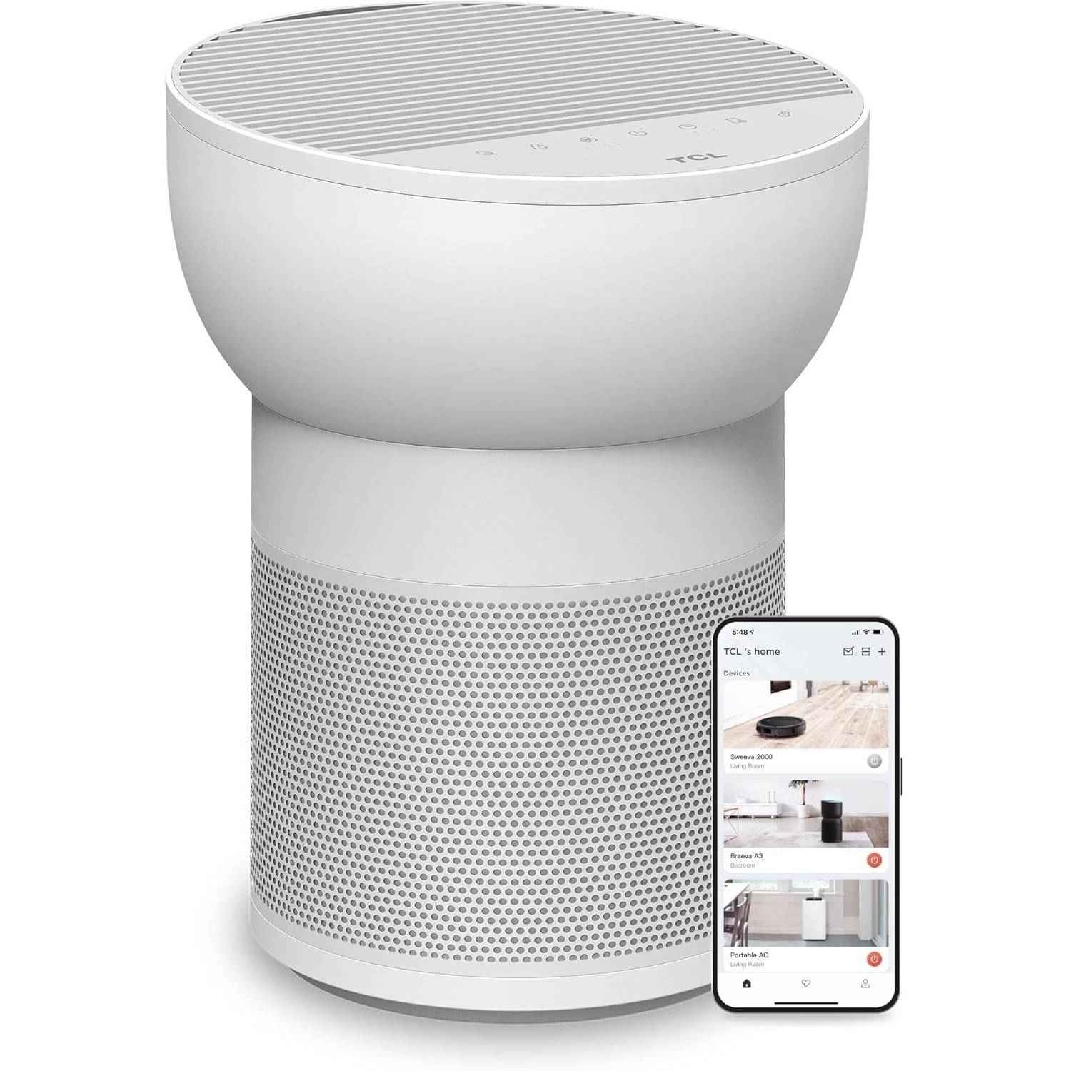  TCL Breeva A2 Wi-Fi Smart Air Purifier and Humidifier, Up to 882 Sq Ft, 4-Stage True HEPA (H13), Removes 99.97% of Dust/Bacteria/Odors & More, App & Voice Control, Auto Shield, Quiet, White