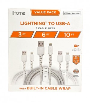 iHome TPE Durastrain Light-n-ing charging to USB-A Nylon Braided Charging Cable with Silicone Wrap, 3 pk 2IHLC2289W0L2