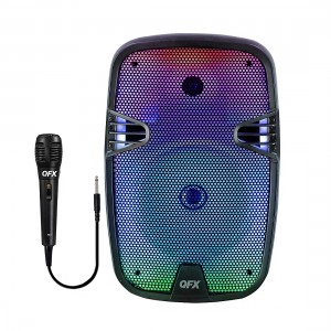 QFX LMS-8074 8" Portable Party Speaker with Liquid Motion Lights and Wired Microphone, 25Watts, Rechargeable battery, FM radio